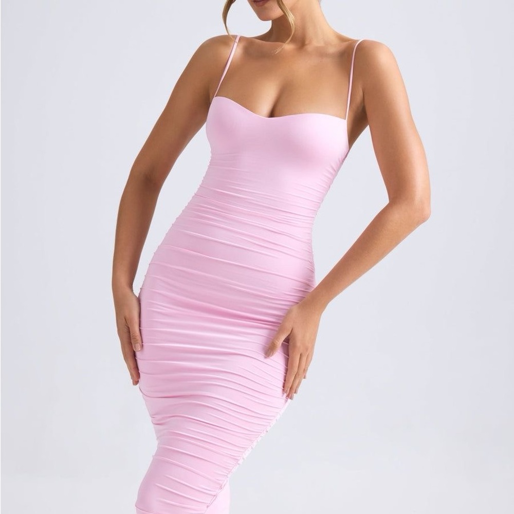 Oh Polly Anaisa Asymmetric Ruched Midi Dress in Light Pink size 4